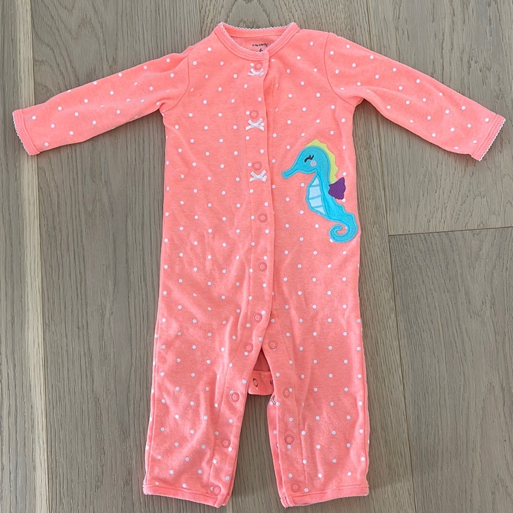 Carter’s 6 month onesie, seahorse and polka dots. Rarely worn, like new!